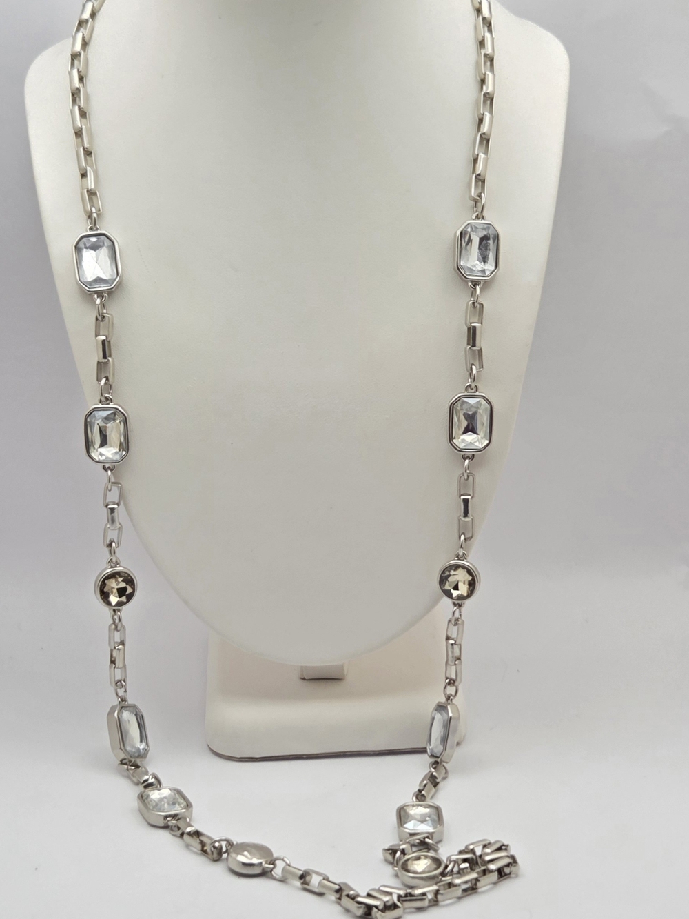 White House Black Market Long Crystal Station Necklace Silver Tone 39"
